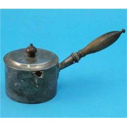 A 19th century Anglo-Indian silver curry pan and cover, with turned wood handle and finial, 8.75i...