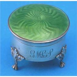 An Edwardian silver and green enamel trinket box, with engraved initials on scroll feet, Birmingh...