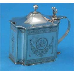 A George III silver mustard pot, and blue glass liner, of canted rectangular form with pierced th...