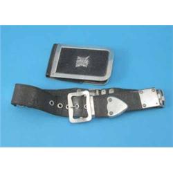A Victorian silver mounted black leather belt and matching wallet, decorated with applied initial...