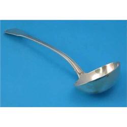 A George III silver fiddle, shell and thread pattern soup ladle, makers Eley & Fearn 1807, 8.5oz...