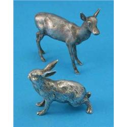 Two silver animal models, comprising a doe deer, London 1975 and a German hare, 3.75 x 3ins...