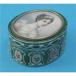 A 19th century Continental silver and green enamel oval snuff box, the lid inset with a watercolo...