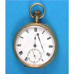 An 18ct gold keyless pocket watch, with enamelled Roman dial and lever movement...