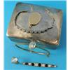 Image 1 : A Chinese white metal rectangular cigarette box, containing 5 items of jewellery including a gold...