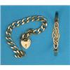 Image 1 : A 9ct. gold flattened curb link bracelet, with padlock clasp and a gold bangle with 'knot' front,...