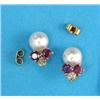 Image 1 : A pair of cultured pearl, ruby and diamond earrings...
