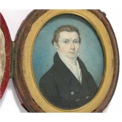 Early 19th C. English School watercolour on ivory miniature, Portrait of a gentleman with cravat...