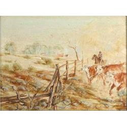 M. J. Reschke oil on board, Cowboy herding cattle, signed, 6 x 8 ins....