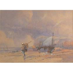 Frederick William Woledge (1840-1895) watercolour, Beach scene with shrimper, signed, 8.5 x 11.5...