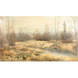 Paul W. Dahms (1913-88) Swedish oil on canvas, Ducks alighting in moorland, signed, 16 x 32 ins....