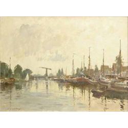 Edward Seago (1910-1974) oil on canvas, Barges on the North Holland Canal, signed, Colnaghi label...