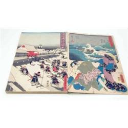 Japanese School album of woodblock prints, Tritychs depicting figures and landscapes, 22 double s...