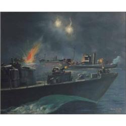 Sir Peter Scott (1909-1989) oil on canvas, Night Attack, signed and dated 1943, 25 x 30 ins. For...