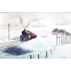 Chris Woods oil on canvas, Jubilee Class locomotive in a winter landscape, signed, 20 x 30 ins....