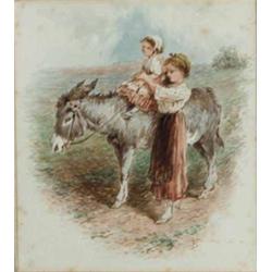 After Birkett Foster watercolour, Mother and child riding a donkey, monogrammed, 4.5 x 4 ins....