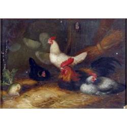 19th C. English School oil on wooden panel, Chickens in a barn, 7 x 9.25 ins....