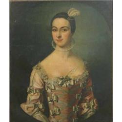 18th C. English School oil on canvas, Portrait of a lady wearing a ribbon-tied pink dress, 30 x 2...