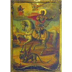 Greek School oil on wooden panel, Icon depicting St George and the Dragon, inscribed and dated 18...