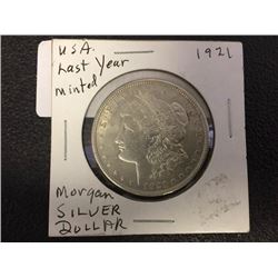 1921 USA Morgan Silver Dollar, Rare, Last year Minted.