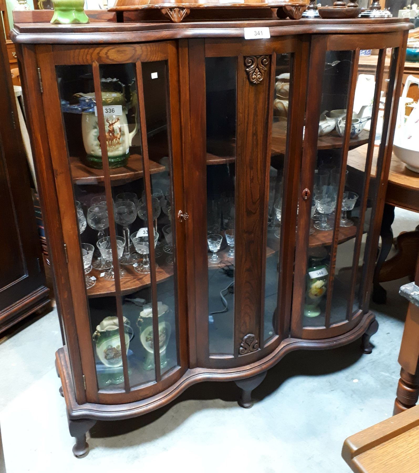 Antique Oak Triple Bow Front Display Cabinet