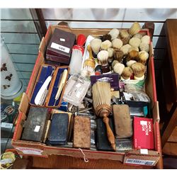 LARGE BOX LOT ANTIQUE SHAVING & BARBER ITEMS