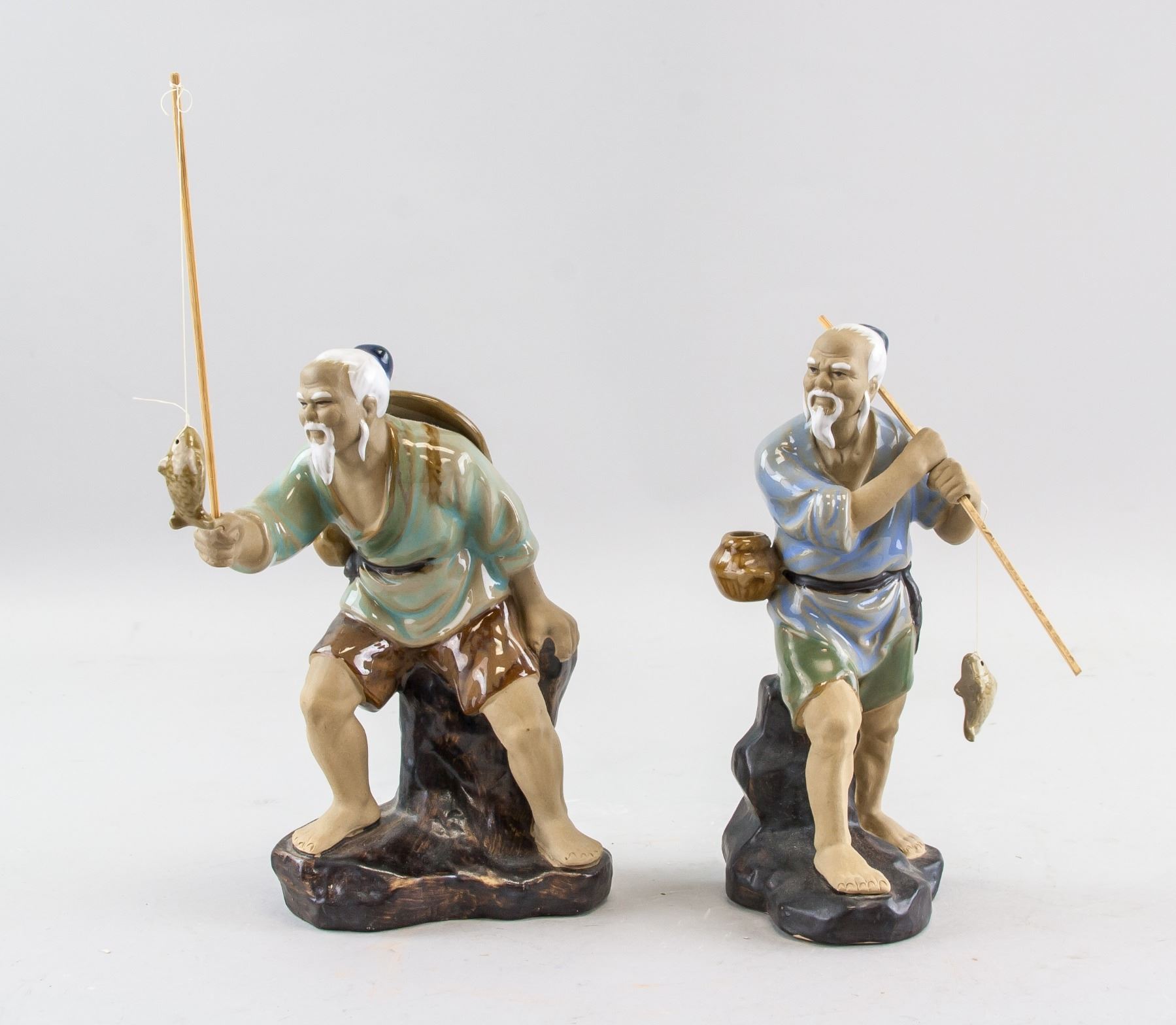 Chinese Pottery Old Fishing Men Statues Wanjiang