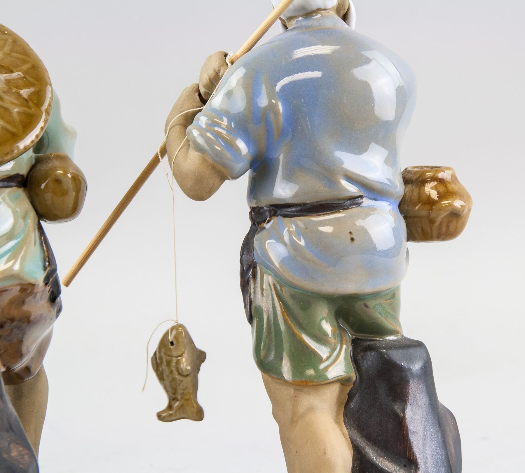 Chinese Pottery Old Fishing Men Statues Wanjiang