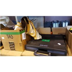 BOX OF NEW TOOL POUCHES AND ROLLING FOLDING CART