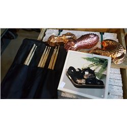 EASTERN TEA SET, COPPER MOULDS, LEASHES, AND DRUMSTICKS