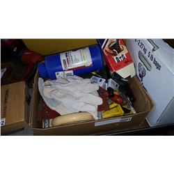 BOX OF TOOLS FILES AND GLOVES AND SAND BLASTOR SAND