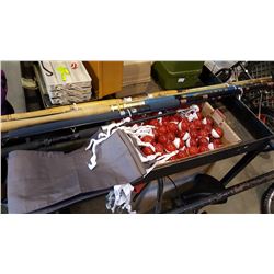 TRAY OF FISH FLOATS, ROD BAGS, AND RODS