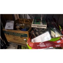 BOX OF GLASSWARE, SHINPADS, AND KNEE PADS