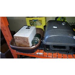 PROPANE GRILL WITH TOTE AND CRATE OF CAMP SUPPLIES