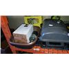 Image 1 : PROPANE GRILL WITH TOTE AND CRATE OF CAMP SUPPLIES