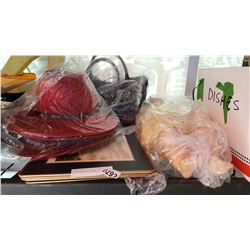 COLLECTOR DOLL, 3 RED HATS, AND 2 LEATHER PURSES