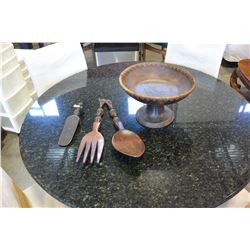 WOOD CARVED MASK, UTENSILS AND BOWL
