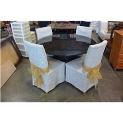 ROUND BLACK MARBLE DINING TABLE AND 4 WHITE CHAIRS