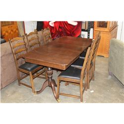 DARK WALNUT DINING TABLE WITH JACKNIFE LEAF AND 6 LEATHER SEAT CHAIRS