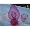 Image 1 : CRANBERRY VASE AND TWO LIDDED DISHES