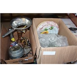 PUNCH BOWL SET AND PLATTERS AND TRAY OF VINTAGE ITEMS FLASHLIGHT ETC