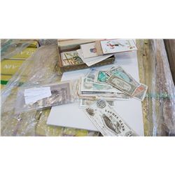 LOT OF FOREIGN AND MILITARY CURRENCY AND VINTAGE POSTCARDS IN CIGAR BOX