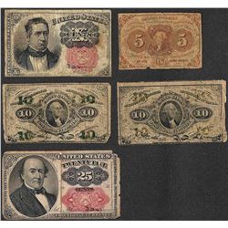 Lot of (5) Misc Fractional Currency Notes