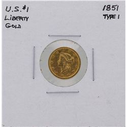 1851 Type 1 $1 Liberty Head Gold Coin