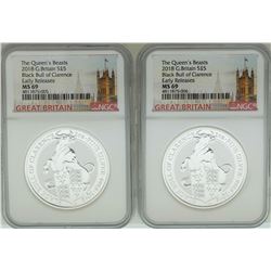 Lot of (2) 2018 Great Britain 5 Pound Queen's Beasts Silver Coins NGC MS69 Early