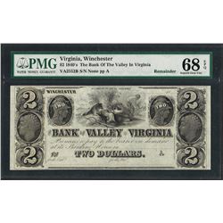 1840's $2 Bank of the Valley in Virginia Obsolete Note PMG Superb Gem Unc. 68EPQ