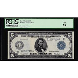 1914 $5 Federal Reserve Note Minneapolis Fr.879a PCGS New 62