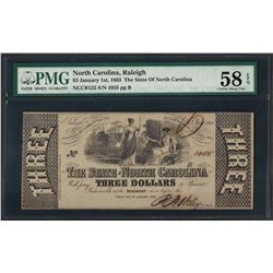 1863 $3 The State of North Carolina Obsolete Note PMG Choice About Uncirculated