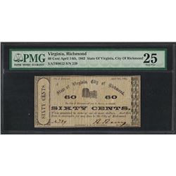 1862 Sixty Cents The City of Richmond Obsolete Note PMG Very Fine 25