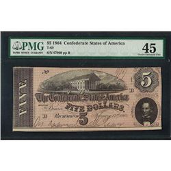1864 $5 Confederate States of America Note T-69 PMG Choice Extremely Fine 45